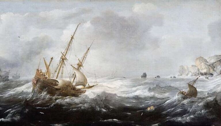 Bild: Jan Porcellis, „Schiffe im Sturm an Felsenküste“ (1614-18)