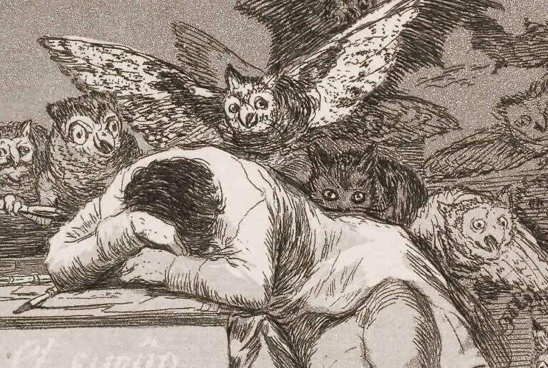 Bild: Francisco de Goya, Der Schlaf der Vernunft gebiert Ungeheuer (Ausschnitt)