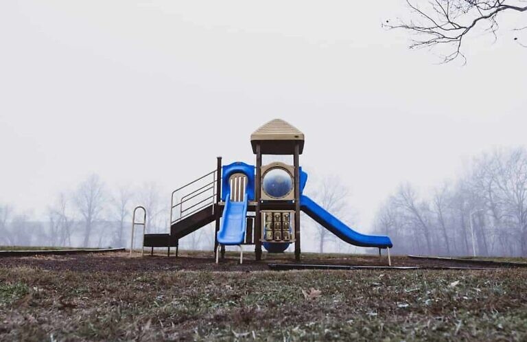 blue and brown wooden playground slide