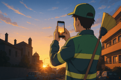 Der Straßenkehrer fotografierte die Sonne