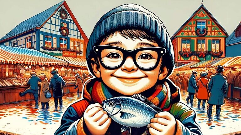 Erklär mal amerikanischer KI, was deutscher Backfisch ist! Und warum stehen die Leute im Wasser, ist das Klimakatastrophe? Und was bitte tut der Herr links im Bild? Fragen über Fragen auf dem Wei… Jahresabschlussmarkt.