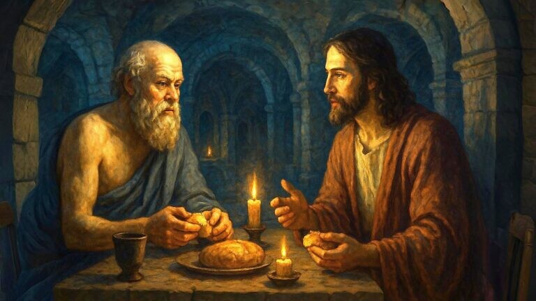 Nur heute, großes Event in den Katakomben: Sokrates diskutiert mit Jesus, was Tugend ist. Bonus-Frage: Was ist zu bevorzugen, Schierlingsbecher oder Kreuz?